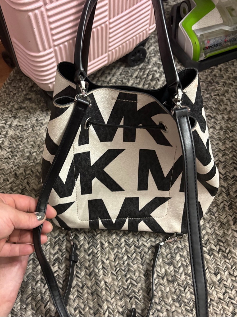 Michael Kors Black & White MK Logo Canvas drawstring, backpack, and purse handle